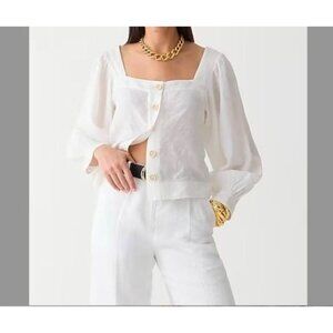 NWT J. Crew White Square Neck Button-Up Linen Peasant Top Womens Medium Cottage